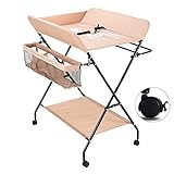 Wickeltisch Wand Klappbar - Baby Wickeltisch, Mobiler Wickelkombi mit Rädern Wickelauflage Ablagefächern, Höhenverstellbar Baby Klappbarer Wickeltisch Wickelkommode Klappbar, bis zu 25 kg (Beige)