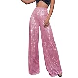 CreoQIJI Pailletten Hose Damen Gold-Silber Hose Lang Glitzer Hose Lang High Waist Baggy Jogginghose Weites Bein Sommerhose Locker Weite Hose Große Größen Paillettenhose Büro Pants Glitzer H