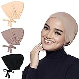 3 Stück Hijab Kopftuch Damen, Hijab Undercap, Turban Mütze Damen, Islamische Muslimische Unterschal Hijab mit Tie Back, Elastische Atmungsaktive Hijab Mütze Kopfbedeckung Chemo Kopftuch Schlafmü