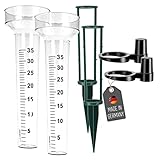 Lantelme 2 Stück Regenmesser mit Halter und Erdspieß im Set für Außen Garten Niederschlagsmesser Kunststoff Glas Regenmenge Regenmengenmesser (Transparent)