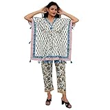 Handicraft Bazarr Floral Kaftan Quaste Pyjama Set Block Printed Bademode Kleid Baumwolle Nachtwäsche Robe Kleid Bikini Cover Up Dessous Up Größe Large Blau-Weiß, blau-weiß, M/XL