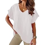 Sommer-Tops für Damen, kurzärmelig, V-Ausschnitt, einfarbig, Baumwolle und Leinen, lässige Damenbekleidung