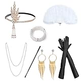 Punvot Great Gatsby Accessoires Set, 1920er Kostüm Karneval Damen 7 Stück 1920s Accessoires mit Stirnband/Perlenkette/Langen Schwarzen Handschuhen/Fan für 20er Jahre Party
