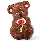 Valentinstag Schokolade Bär 'Rosenkavalier' aus feinster Vollmilch-Kuvertüre mit Marzipan Rose - Deutsche Handarbeit ideal als Geschenk - 115g