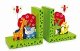 Buchstützen „Wilde Tiere“ aus Holz, zwei schmucke Holzstützen, mit farbenfrohen Tiermotiven, ein toller Hingucker für das Kinderzimmer