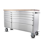 Ondis24 Edelstahl-Werkstattwagen Werkzeugwagen mit 10 Leichtlaufschubladen & XL-Massivholzarbeitsplatte, Lenkrollen, fahrbare Werkbank, unbestückt (Silber, 148 x 47 x 92 cm)