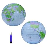 2 Stück Aufblasbare Globus PVC mit Manueller Luftpumpe, Weltkarte Aufblasbar Earth Beach Ball für Strand Spielen oder pädagogisches Werkzeug (Blau 30CM)