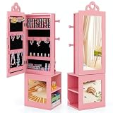 DREAMADE 4 in 1 Kinderspiegel mit Schmuckschrank & Kleiderständer & Ablage, Kinder Schmuckschrank aus Holz, Kinder freistehender Standspiegel für Kinder ab 3 für Kinderzimmer (Rosa)