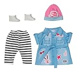 Zapf Creation 832585 BABY born Deluxe Jeans Kleid 43cm - Puppenkleidung Set mit Puppenkleid, gestreifter Leggings, rosa Mütze und Schuhen.