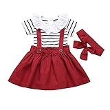 DaMohony Baby Mädchen Kleidung Kurzarm Rüschen Streifen Strampler + Strapsrock + Stirnband 3pcs Neugeborene Rock Outfits (Rot, 6-12 Monate)