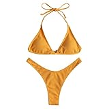 Hochgeschnittener brasilianischer Badeanzug für Damen, Neckholder, sexy Bikini-Set mit Push-Up-gepolstertem BH, Tanga, zweiteilige Bademode, Strandkleidung, gelb, M