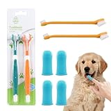 Hundezahnbürsten-Set, Zahnbürsten für Hunde, 2 Stück, Dreifachkopf-Zahnbürste mit 4 Haustier-Fingerzahnbürsten, 2 Doppelkopf-Zahnbürsten, Mehrwinkel-Zahnreinigungsprodukte für S/M/L H