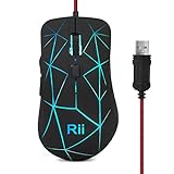 Rii RM106 Ergonomische optische Maus mit USB-Kabel, 5 Tasten und 3 einstellbare dpi-Stufen. 7 Farben RGB LED und blinkende Hintergrundbeleuchtung. Farbe: Schwarz.