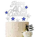 40. Geburtstagstorte Topper, Glitter Happy 40. Geburtstagstorte,Happy 40th Birthday Tortendeko Silber,Kuchen Deko mit Stern Topper für mann frauen