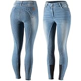 HORZE Damen Reithose Kaia, High Waist Jeansreithose mit Silikonvollbesatz, Blau, 34