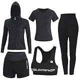 FRECINQ 5 Stück Damen Fitness Trainingsanzug Yoga Set Sportbekleidung Jogging Gym Pilates Sportbekleidung Zumba Tennisbekleidung (Schwarz #1, M)