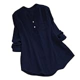 YEBIRAL Damen Bluse Lose Einfarbig Große Größen V-Ausschnit Langarm Leinen Lässige Tops T-Shirt Bluse S-5XL(EU-38/CN-M,Marine)
