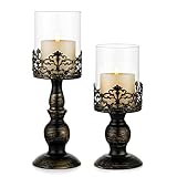 Sziqiqi Kerzenständer Set Vintage Distressed Black Hurricane Kerzenhalter 2 Stück, für Stumpenkerze Hochzeitsfeier Home Decoration Kamin Mantel Dekoration 27cm & 33