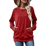 Plus Size Hoodie für Frauen Damen Einfarbig Boyfriend Style T Shirts Langarm Pullover Lose mit Tasche, 3-Rot, 36