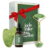 Jade Roller mit Vitamin C Serum & Gua Sha - Massage gegen Augenringe & Falten - Anti Aging Pflege Set mit Premium Gesichtsroller - 100% Jade Stein Beauty Rolle für Gesicht - Massagegerät