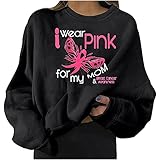 Wave166 Damen Sweatshirts Kampagne zur Sensibilisierung für Brustkrebs Pink Ribbon Buchstaben und Schmetterlings Gedruckte t-Shirt Langarm Rundhals Unifarben Lässig Pullover