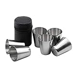 Wandefol Edelstahl Schnaps-Becher, Shot-Gläser im 7er Set, 6 Unzerbrechliche Schnaps-Becher, Schnaps-Gläser aus Metall, Metall-Becher mit Leder-Tasche Schnapsg