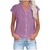 Musselin Bluse Damen Aus Baumwolle Und Leinen, Sonderangebot Kurzärmliges Hemd Mit Knopfleiste Und V-Ausschnitt, Shirt Top Casual Fashion, Oberteile Elegant Schick, Bluse Leicht Und Luftig