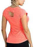 icyzone Damen Sport T-Shirt Kurzarm Laufshirt Rückenfrei Fitness Oberteile Gym Yoga Top (L, Orange)