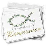 10 Einladungskarten Kommunion - Motiv Blätterfisch edel - moderne Klappkarten mit Umschlägen - Einladungen zu Kommunionsfeier Einladung Karten