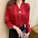MIDJ Bluse Damen,Elegante Damen Satin Bluse Tops Chiffon Rot V-Ausschnitt Schleife Business Bluse Mit Strass Brosche Langen Ärmeln Knopf Sexy Tops Shirt Pullover für Mädchen Damen,M
