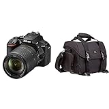 Nikon D5600 Kit AF-S DX 18-140 VR Spiegelreflexkamera (8,1 cm (3,2 Zoll), 24,2 Megapixel) schwarz & Amazon Basics -Große L Umhängetasche für SLR-Kamera und Zubehör, schwarz mit orange Innenausstattung