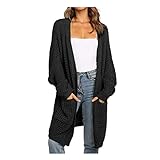Yowablo Cardigan Pullover Damen Boho Patchwork Langarm vorne offen Strickmantel Taschen (XL,Schwarz)