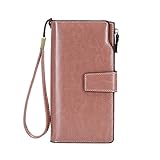 NSOT Men's Wallet Small Without Pocket Women's Foreign Trade RFID Brush Long Oil Wax Leather Vintage Wallet European and American Large Capacity Handbag (Pink, One Size)