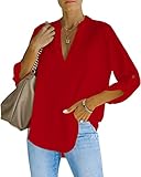 NONSAR Damen Bluse Elegant V-Ausschnitt Henley Hemdbluse Aufrollbaren Ärmeln Locker Blusen(9351XL,Rot)