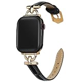 mxiixnai LederArmband Kompatibel mit Apple Watch Armband 42mm 44mm 45mm 49mm,Schlank Echtesleder Armband mit D-förmiger Metallschließe für iWatch Bänder Serie Ultra/8/7/6/5/4/3/2/1,SE(Schwarz/Gold)
