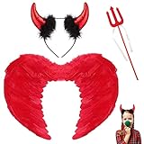 DAZZTIME Teufel Kostüm,Teufel Kostüm Damen,Engelsflügel Rot mit 1x Teufelshörner,Kostüm Engel,Gefallener Engel Kostüm,Dunkler Engel Kostüm,für Karneval Halloween Party Fasching Kostüme(Rot gekrümmt)