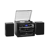 auna 388-DAB+ Kompaktanlage - 20 W Stereoanlage mit 2 Lautsprechern, Mini HiFi Anlage mit Bluetooth, FM, DAB+, Plattenspieler, CD, MP3, USB, SD-Slot, 2 x Kassettendeck, inkl. Fernbedienung, schwarz