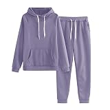 QJDFLL Damen einfarbiges Fleece einfarbig mit Hut Sportanzug(Grey,S)