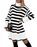 Imily Bela Damen Strickkleid Gestreift Rollkragen Pulloverkleid Langarm Elegant Kleid Winter Knielang Locker(Weiß,XL)