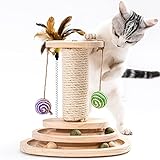 MEWOOFUN Katzenspielzeug aus Holz Roller 2-lagiger Drehteller Interaktives Katzen Spielzeug mit Federn, 3-in-1 kitten spielzeug interaktiven Bällen und hängenden Bällen und Katzenkratzen