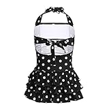 TiaoBug Mädchen Kinder Neckholder Monokini Tankini Einteiler Badeanzug mit Rock Rüschen Volant Schleife Vintage Retro Bikini Bademode Schwimmanzug Punkte Bade Schwimm Kleid Schwarz 146-152