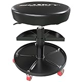 HASKYY Werkstatthocker Rollhocker | Höhe 430-580mm I Sitz Geleinlage | Werkstatt-Arbeits-Hocker-Stuhl-Sitz I 135kg | ø40 cm | 2 Ablagen I Schw