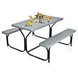 COSTWAY Bierzeltgarnitur, Picknicktisch & 2 Sitzbänke mit Metallrahmen, Campingtisch Set Festzeltgarnitur für Terrasse, Garten, Pool, 137 x 150 x 72 cm (Grau)