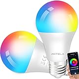 ANTELA Smarte WLAN Glühbirne E27, 9W LED Mehrfarbige Dimmbare Birne, App Steuern Kompatibel mit Alexa, Google Home, kein Hub benötigt, 2 Stück