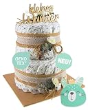 Windeltorte ® Vintage Torte [JUTE & HOLZ] - Jungen & Mädchen - Neutral Unisex - Geschenk zur Geburt - Baby Party - Babyshower - Pullerparty - Caketopper (Boho - Vintage - KLEINES WUNDER - 2-stöckig)