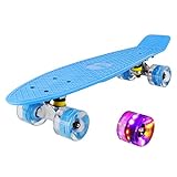 hausmelo Skateboard Mini Cruiser Retro Board Komplettboard für Anfänger Kinder Jugendliche und Erwachsene, 22 Zoll Komplett Board 57x16cm mit ABEC-7 Kugellager, LED PU Leuchtrollen, T-Tool (Blau)