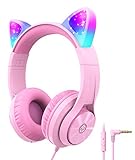 iClever Kinder Kopfhörer für Kinder, Mädchen IC Pink LED Light Up Wired Folded Headphones Over Ear mit Mikrofon und Volume Control für Handys, Tablets, PC, Laptop