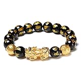 Edinber Armband aus schwarzem Obsidian, chinesisches Feng Shui-Perlenarmband, goldenes Pi Xiu Glücksbringer-Amulett, handgeschnitztes Amulett für Glück, Reichtum