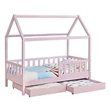 Juskys Kinderbett Marli 90 x 200 cm mit Bettkasten 2-teilig, Rausfallschutz, Lattenrost & Dach - Massivholz Hausbett für Kinder - Bett in Rosa