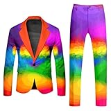 Generisch Zweiteiliger mit langärmeligem Mantel Hose für Herren in Regenbogenfarben, bedruckter Knopfleiste Taschen für Feiertagspartys Herren Weste Denim Kunstpelz Weste B